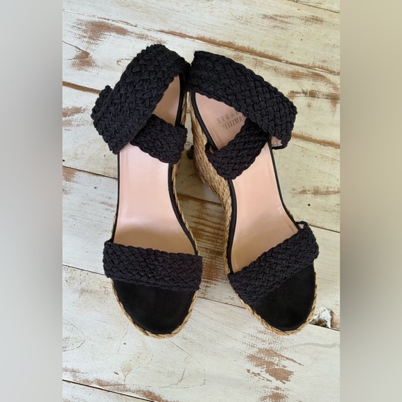 Stuart Weitzman black strappy woven wedge sandals espadrilles sz 9 M EUC heels - Picture 4 of 16